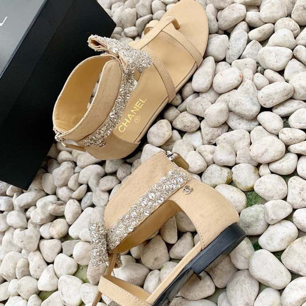 Chanel Strappy Gladiator Bow Embellished Sandals Calfskin Leather Spring/Summer Collection Beige
