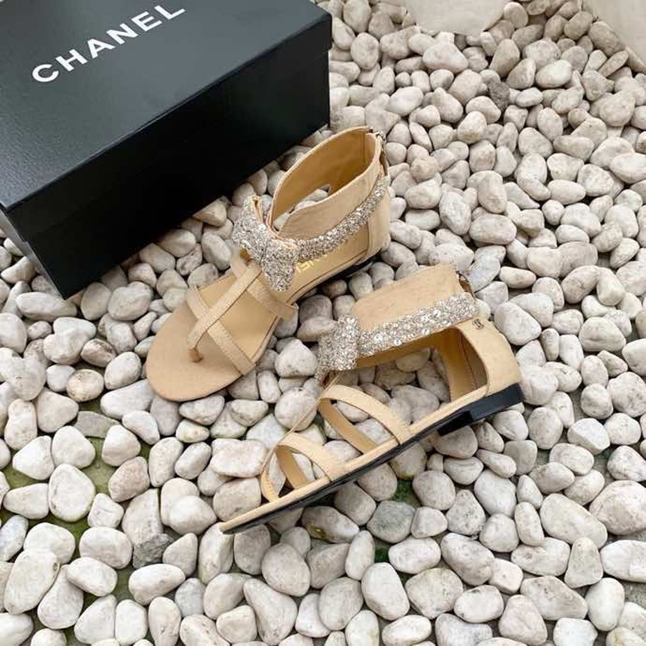 Chanel Strappy Gladiator Bow Embellished Sandals Calfskin Leather Spring/Summer Collection Beige