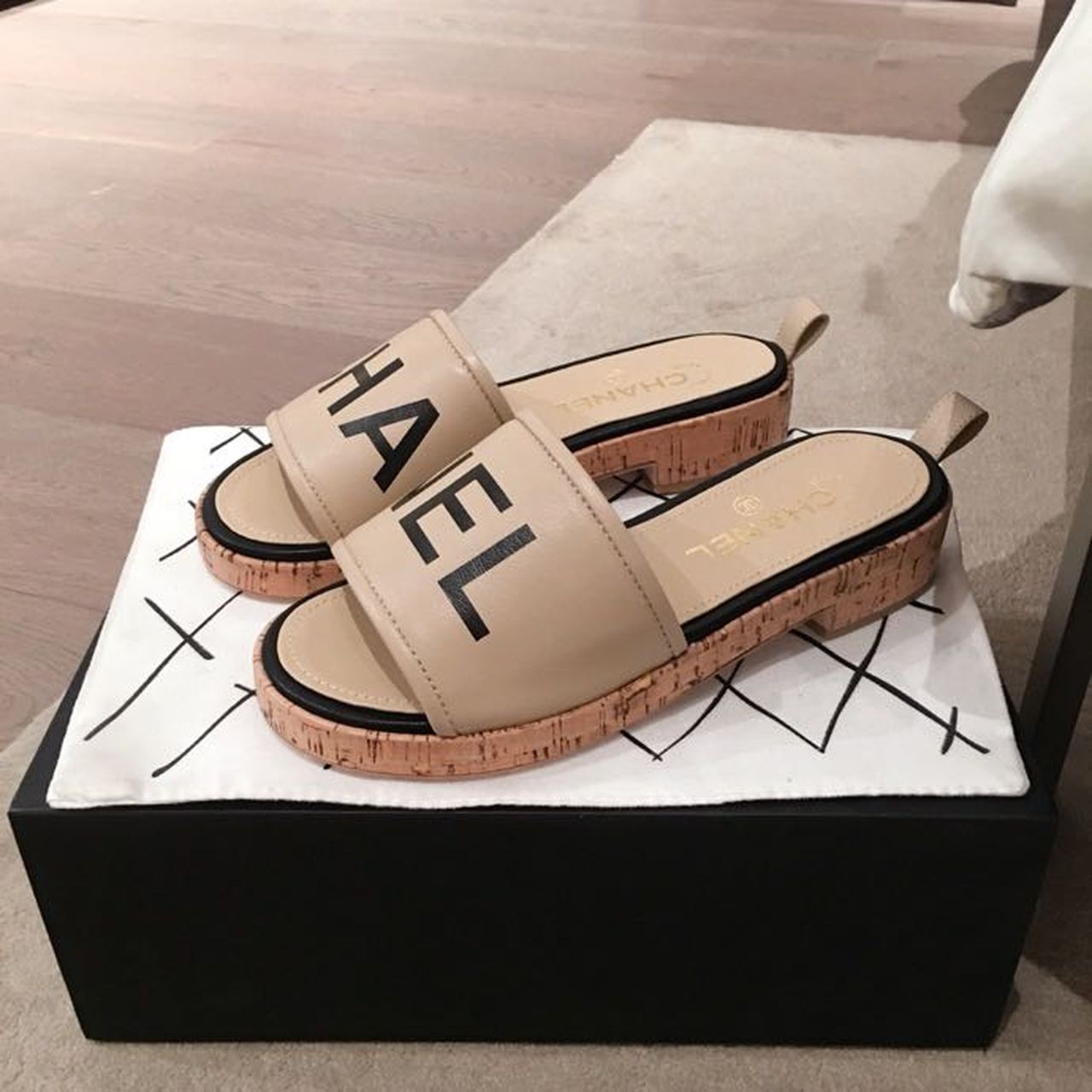Chanel Cork Mules Sandals Calfskin Leather Spring/Summer Collection, Beige/Black
