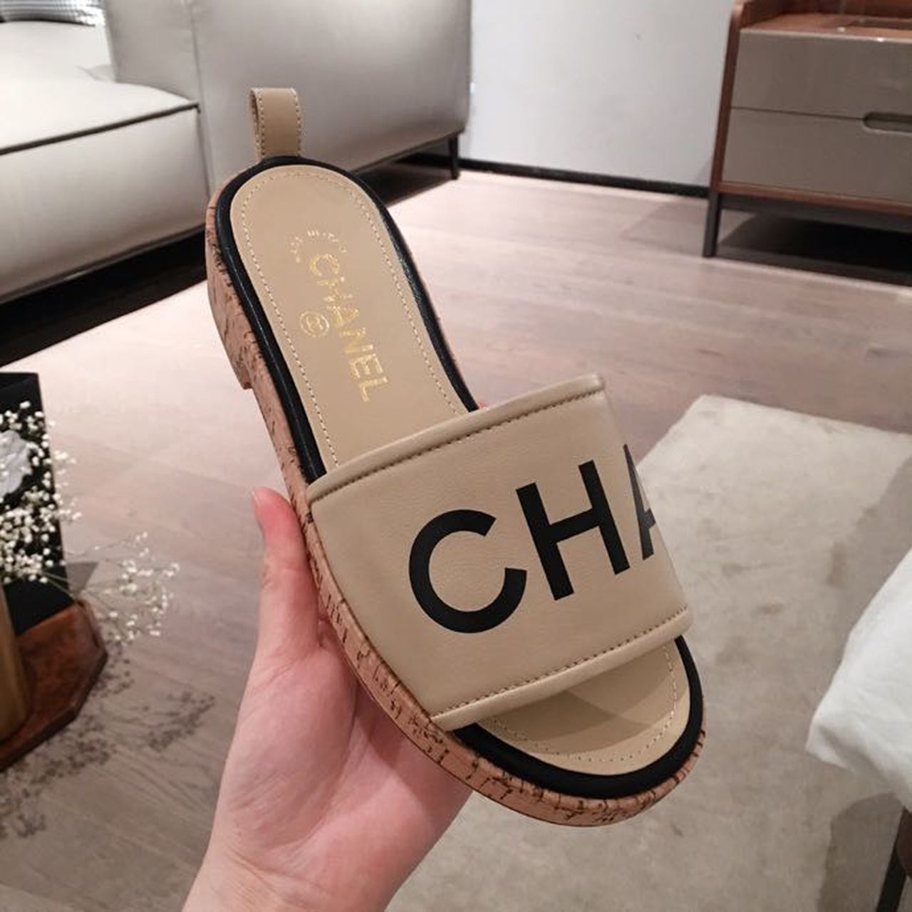 Chanel Cork Mules Sandals Calfskin Leather Spring/Summer Collection, Beige/Black
