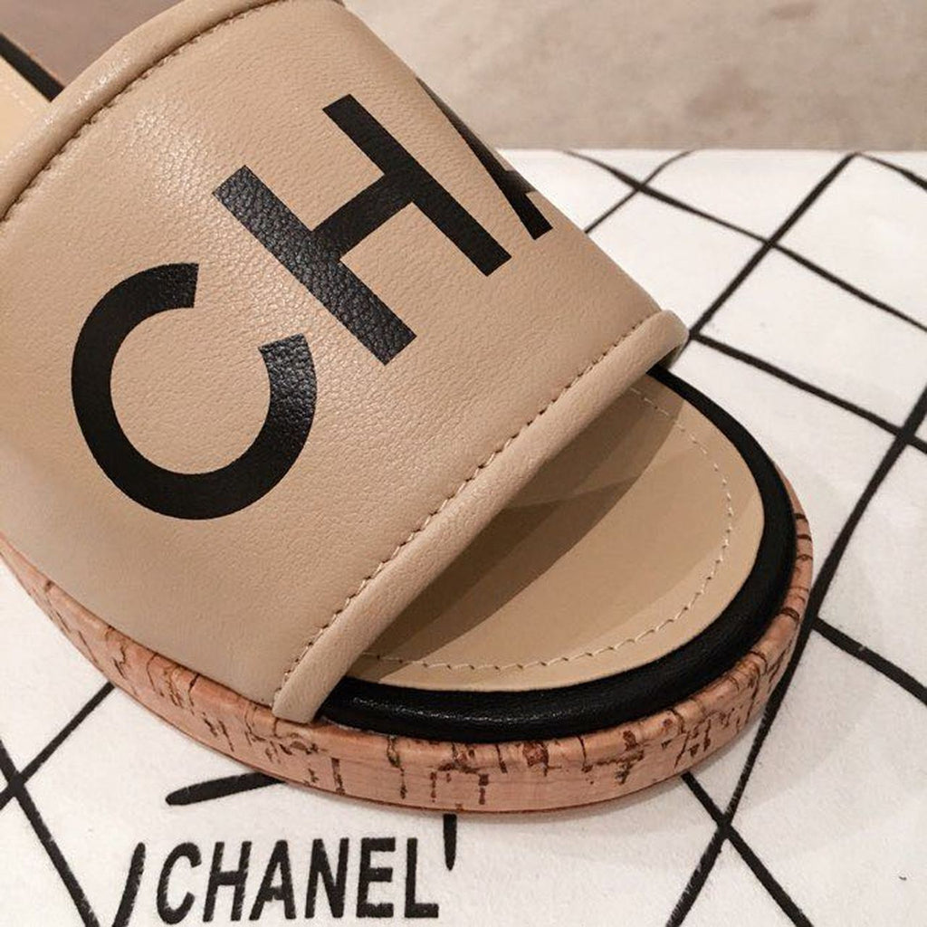 Chanel Cork Mules Sandals Calfskin Leather Spring/Summer Collection, Beige/Black
