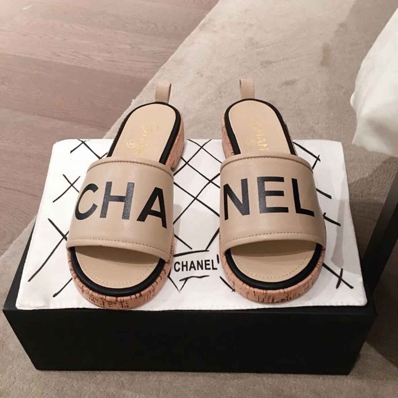 Chanel Cork Mules Sandals Calfskin Leather Spring/Summer Collection, Beige/Black