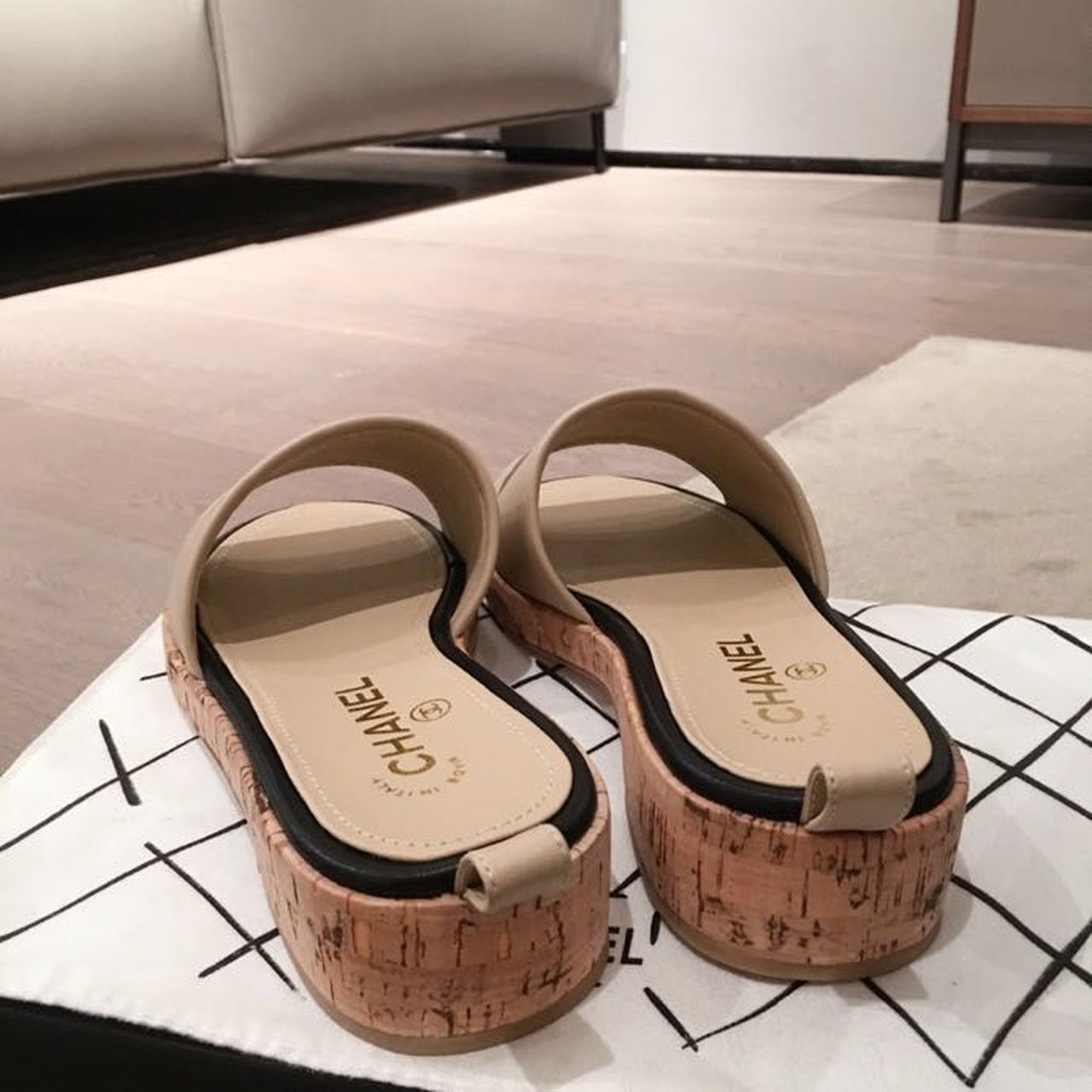 Chanel Cork Mules Sandals Calfskin Leather Spring/Summer Collection, Beige/Black