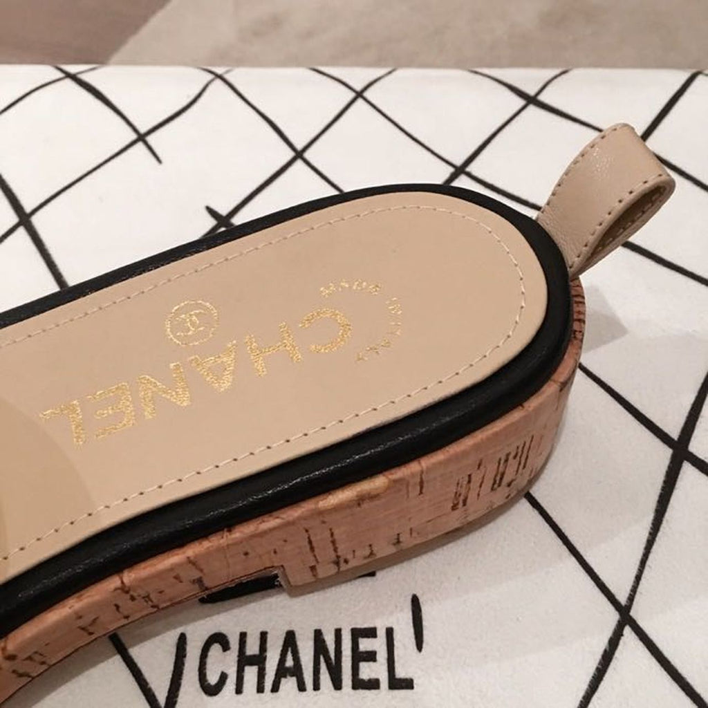 Chanel Cork Mules Sandals Calfskin Leather Spring/Summer Collection, Beige/Black