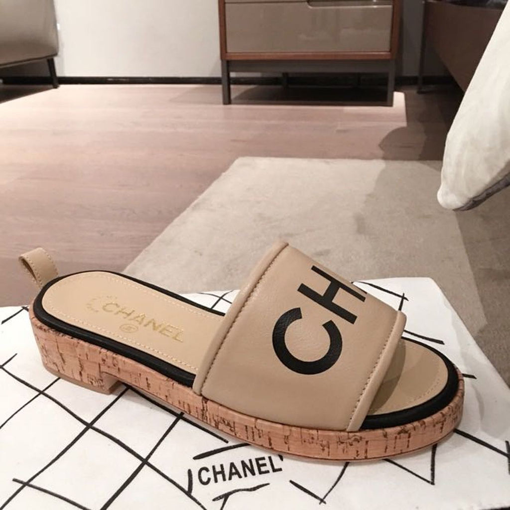 Chanel Cork Mules Sandals Calfskin Leather Spring/Summer Collection, Beige/Black