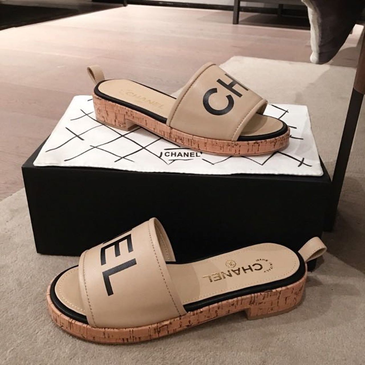Chanel Cork Mules Sandals Calfskin Leather Spring/Summer Collection, Beige/Black
