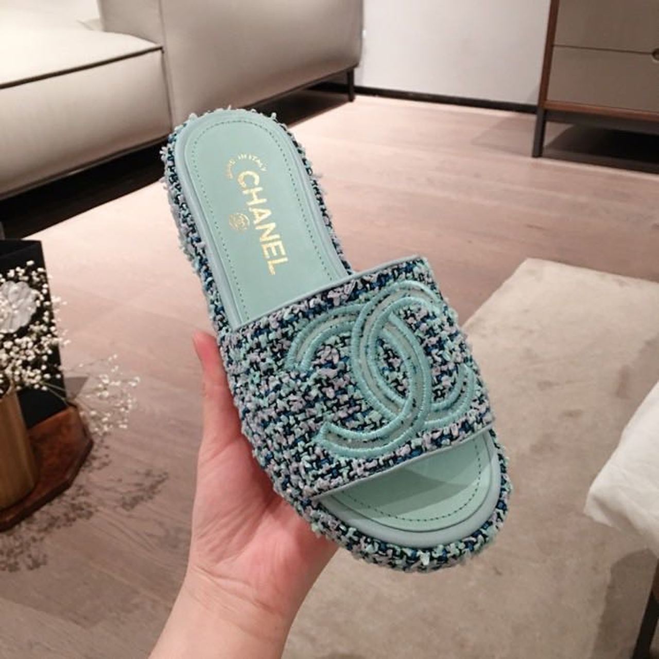 Chanel CC Cork Mules Sandals Tweed/Calfskin Leather Spring/Summer Collection Mint Blue