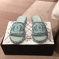 Chanel CC Cork Mules Sandals Tweed/Calfskin Leather Spring/Summer Collection Mint Blue