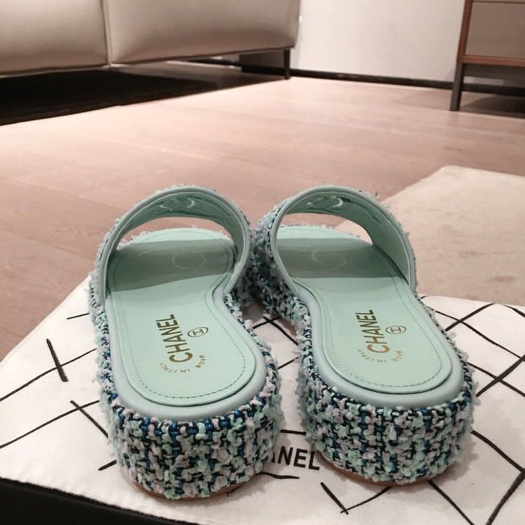 Chanel CC Cork Mules Sandals Tweed/Calfskin Leather Spring/Summer Collection Mint Blue
