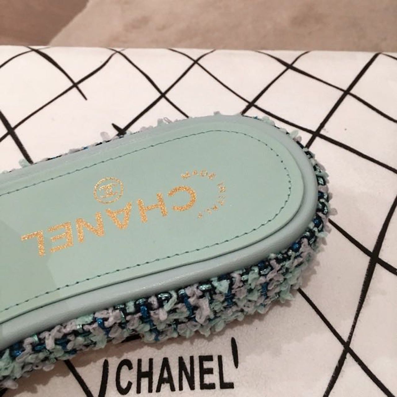 Chanel CC Cork Mules Sandals Tweed/Calfskin Leather Spring/Summer Collection Mint Blue