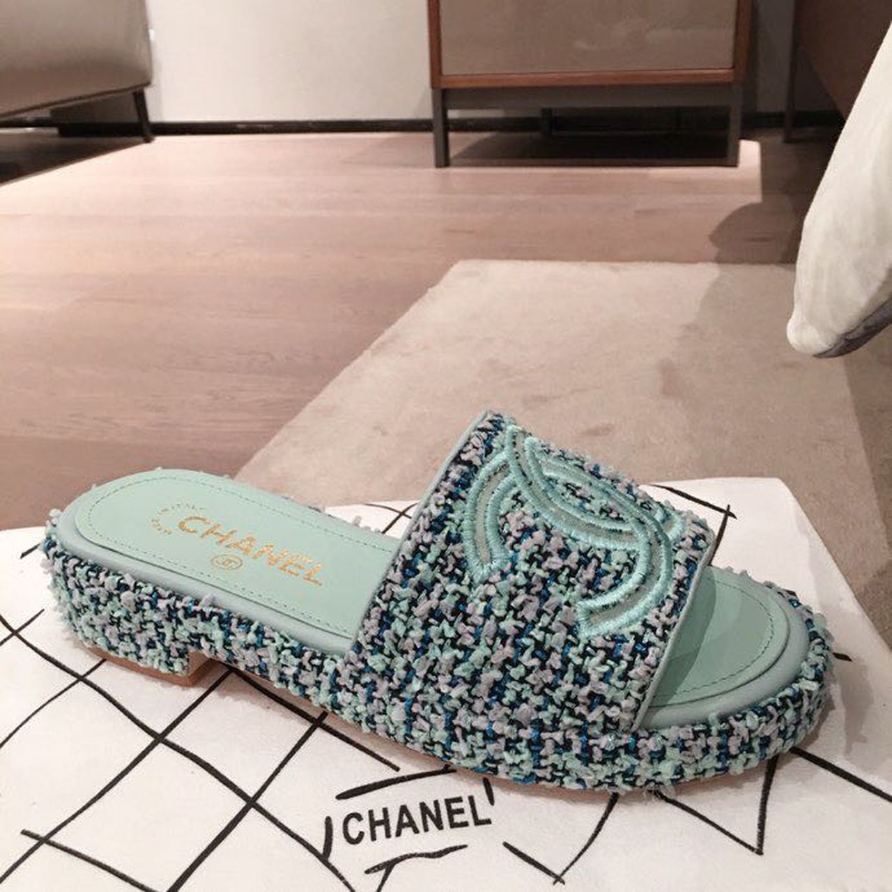 Chanel CC Cork Mules Sandals Tweed/Calfskin Leather Spring/Summer Collection Mint Blue