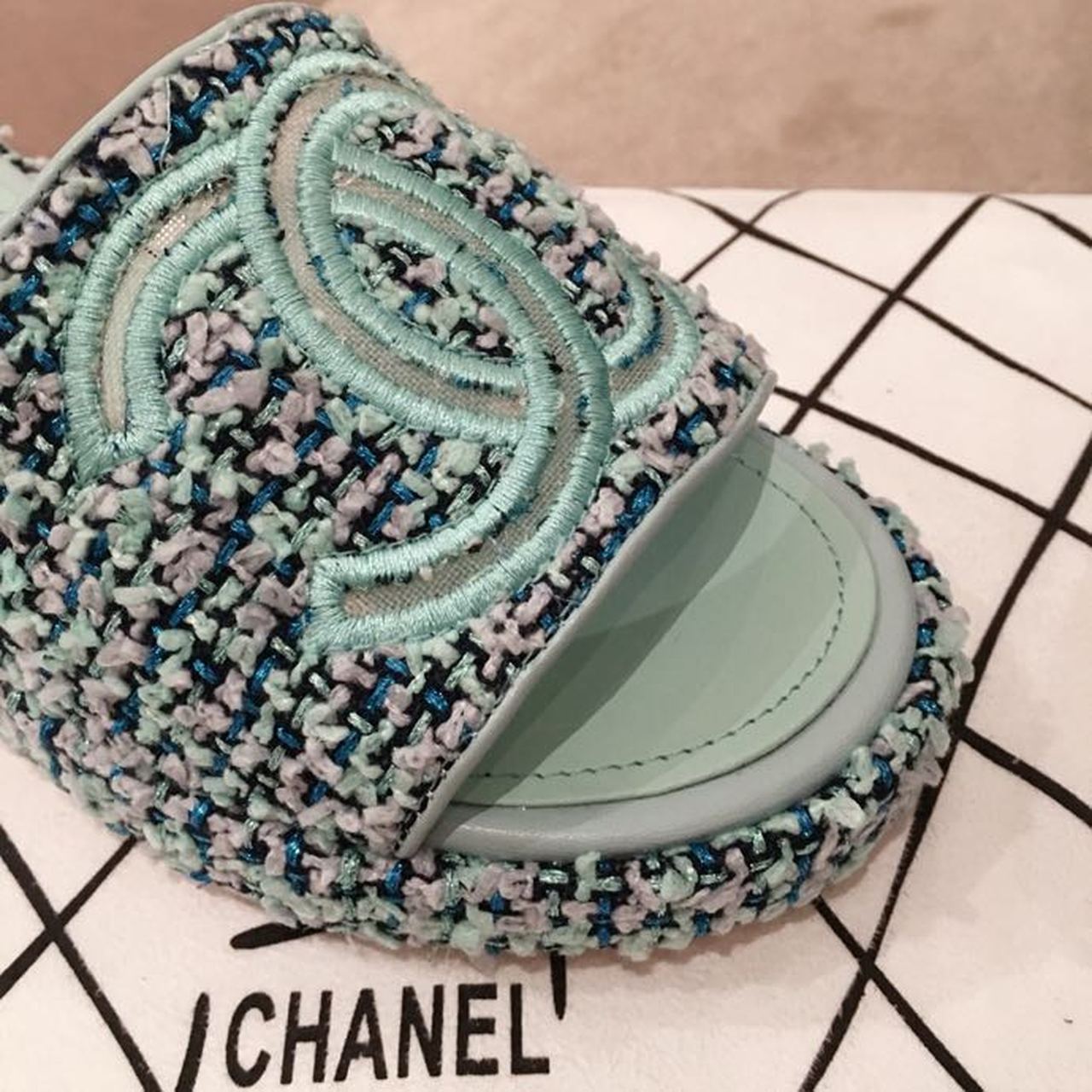 Chanel CC Cork Mules Sandals Tweed/Calfskin Leather Spring/Summer Collection Mint Blue