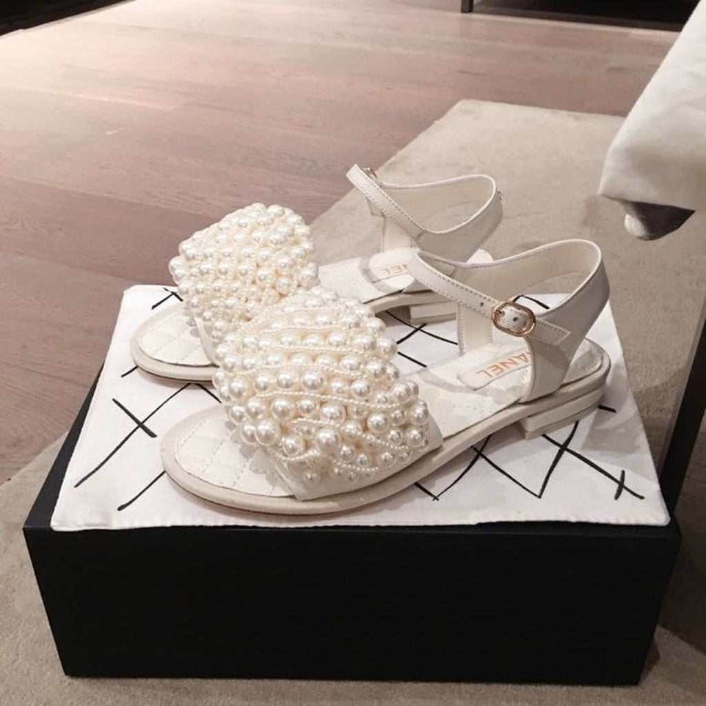 Chanel Pearl Embellished Quilted Sandals Calfskin Leather Spring/Summer Collection White