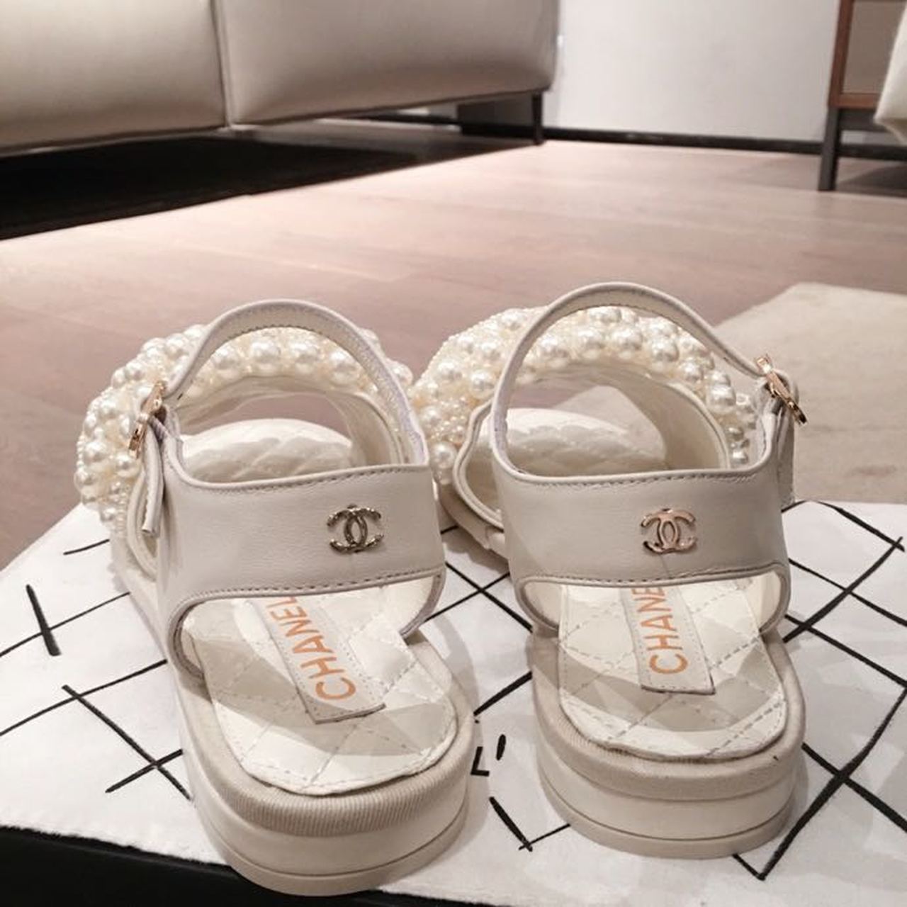 Chanel Pearl Embellished Quilted Sandals Calfskin Leather Spring/Summer Collection White