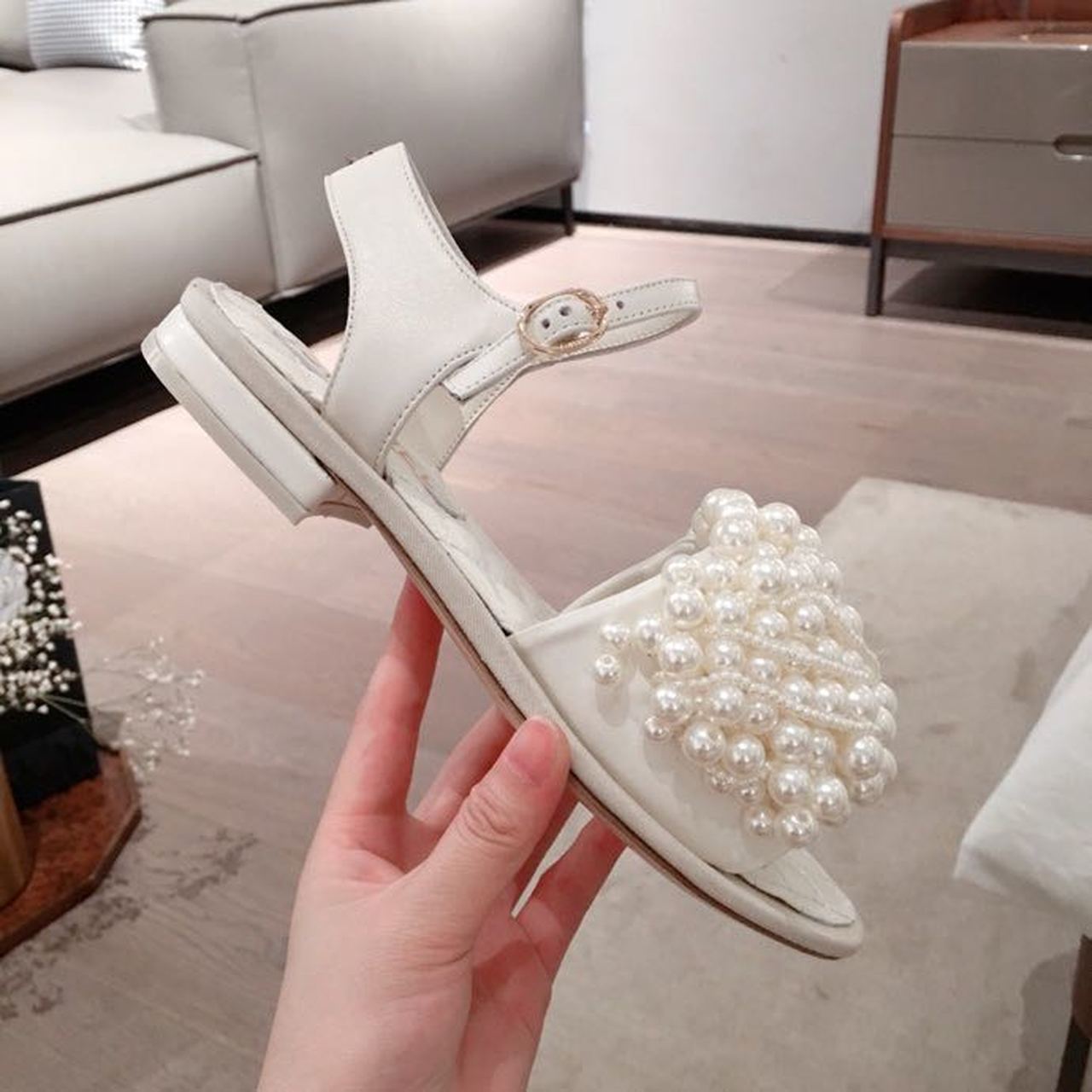 Chanel Pearl Embellished Quilted Sandals Calfskin Leather Spring/Summer Collection White