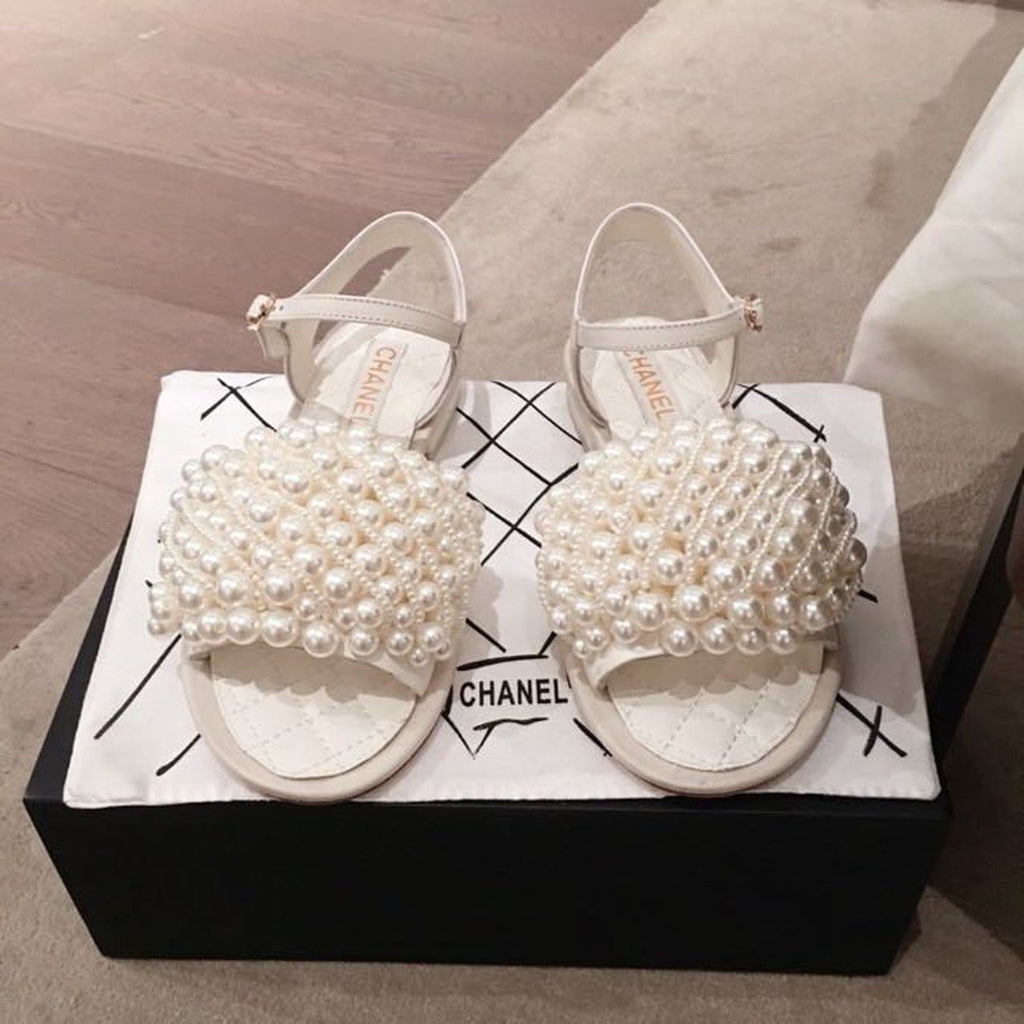 Chanel Pearl Embellished Quilted Sandals Calfskin Leather Spring/Summer Collection White