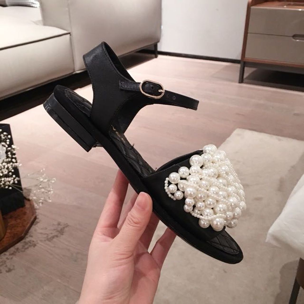 Chanel Pearl Embellished Quilted Sandals Calfskin Leather Spring/Summer Collection, Black