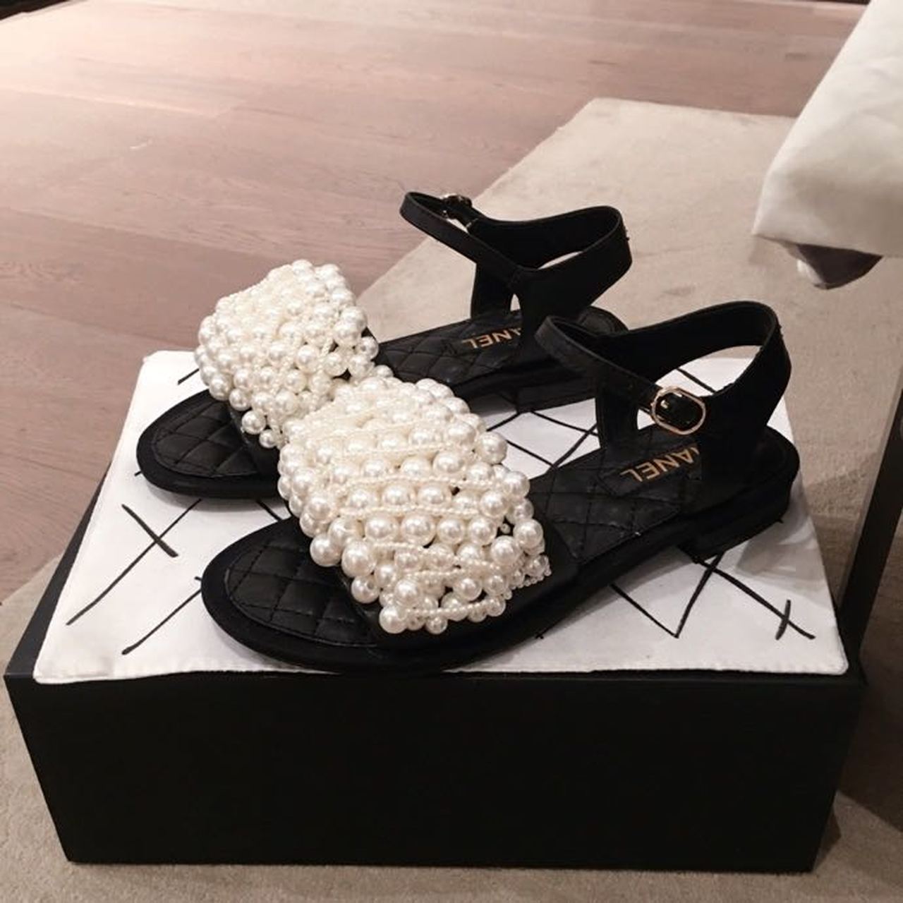 Chanel Pearl Embellished Quilted Sandals Calfskin Leather Spring/Summer Collection, Black