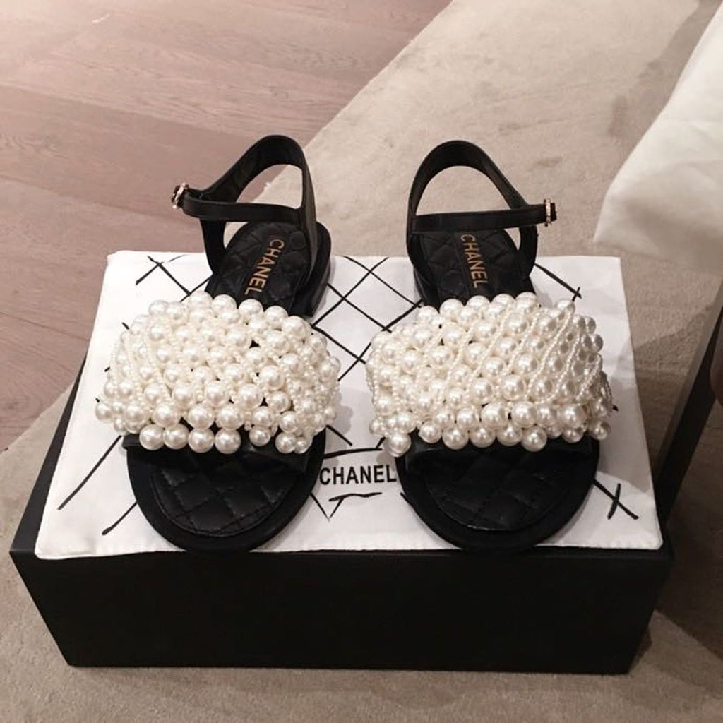 Chanel Pearl Embellished Quilted Sandals Calfskin Leather Spring/Summer Collection, Black