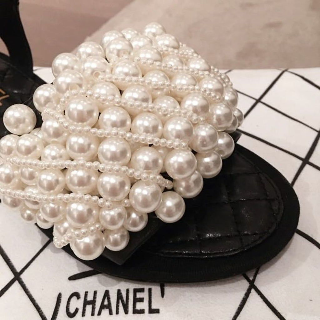 Chanel Pearl Embellished Quilted Sandals Calfskin Leather Spring/Summer Collection, Black
