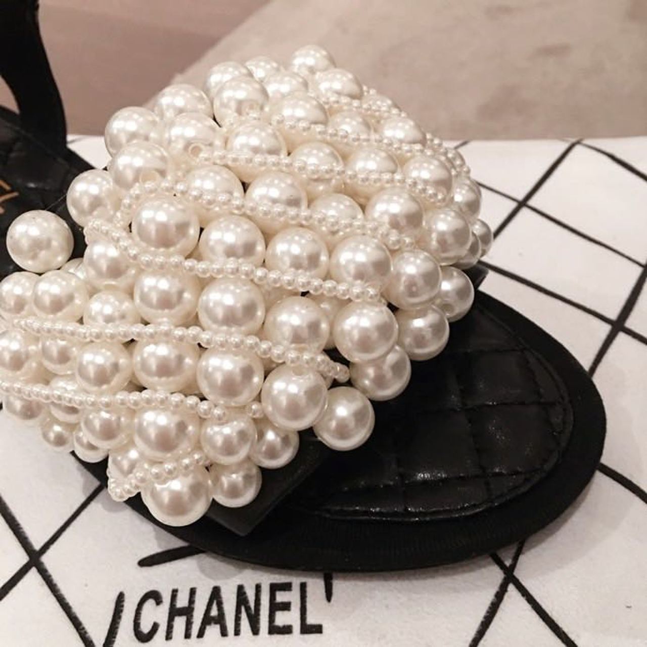 Chanel Pearl Embellished Quilted Sandals Calfskin Leather Spring/Summer Collection, Black