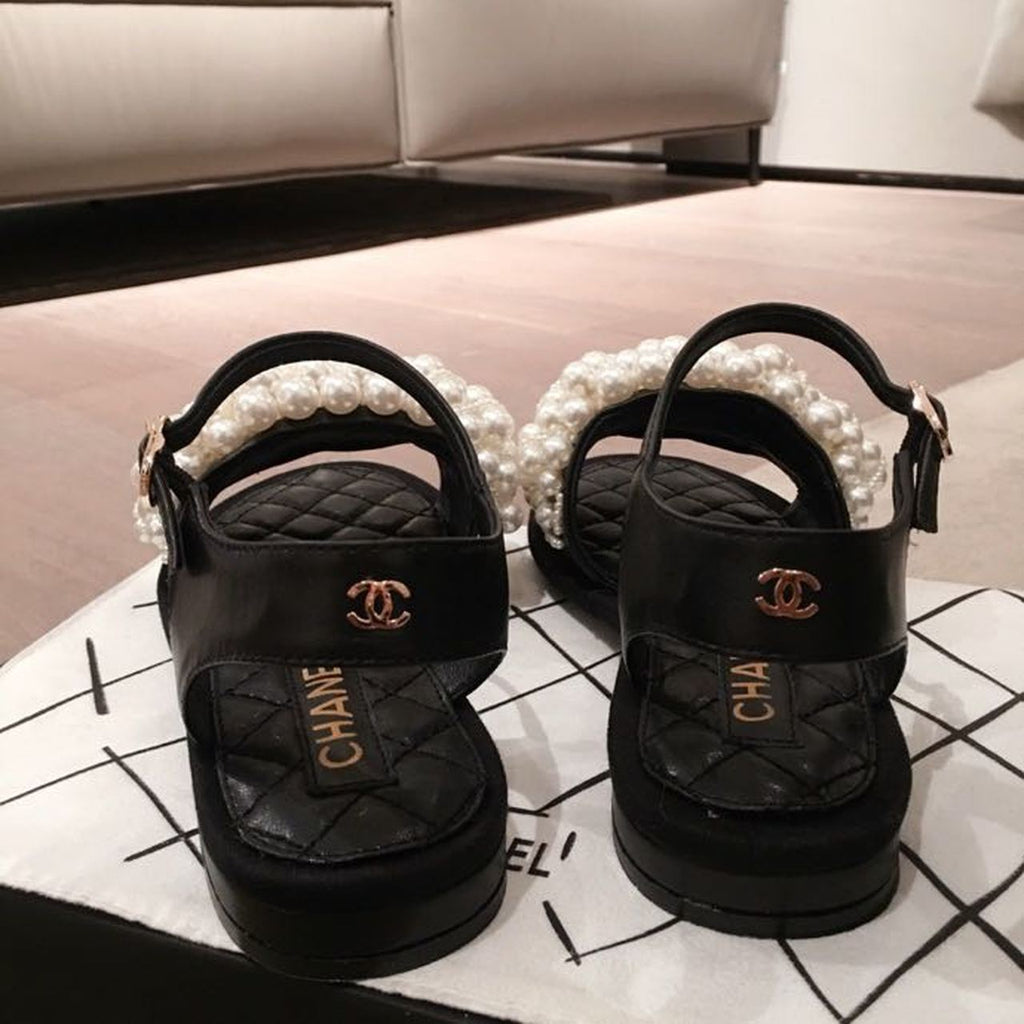 Chanel Pearl Embellished Quilted Sandals Calfskin Leather Spring/Summer Collection, Black