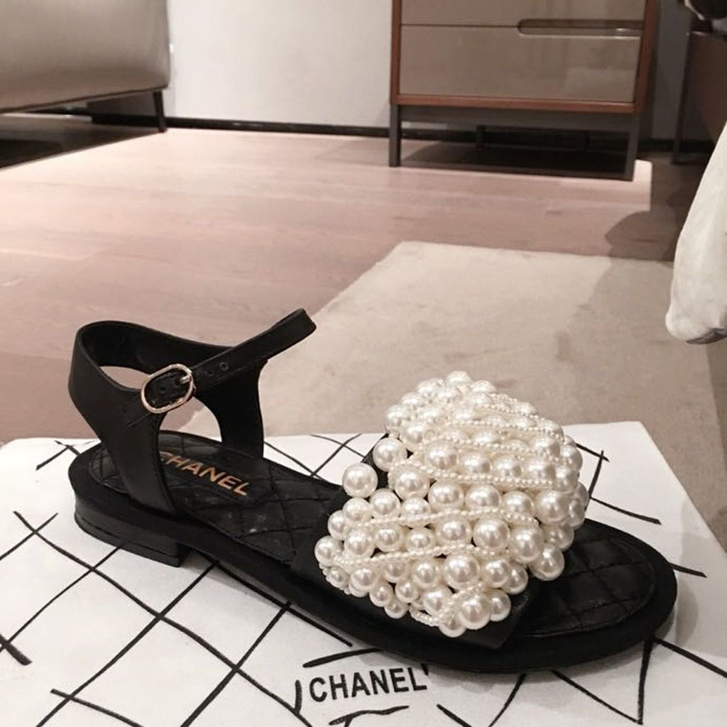 Chanel Pearl Embellished Quilted Sandals Calfskin Leather Spring/Summer Collection, Black