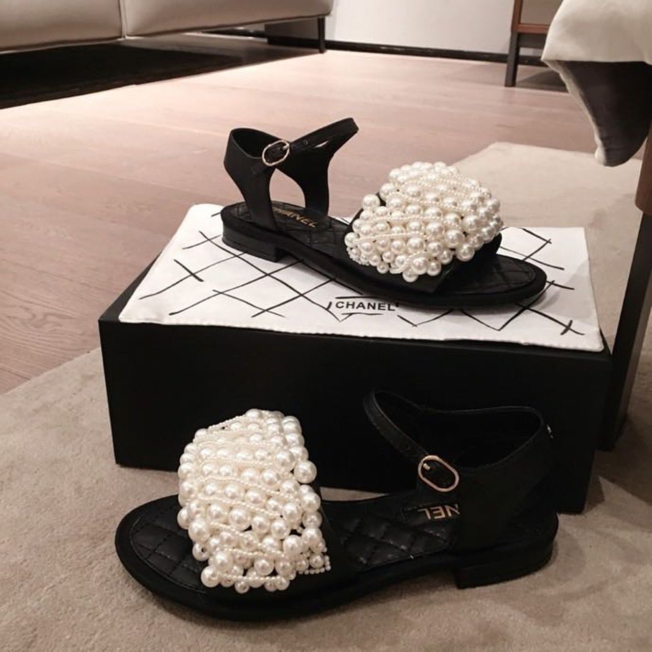 Chanel Pearl Embellished Quilted Sandals Calfskin Leather Spring/Summer Collection, Black