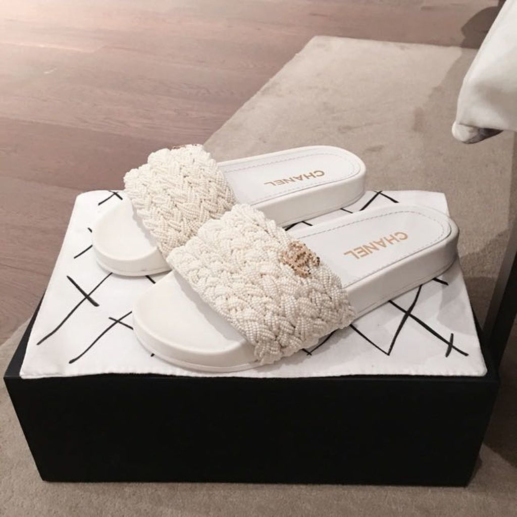 Chanel Pearl Beaded Embellished Sandals Calfskin Leather Spring/Summer Collection White