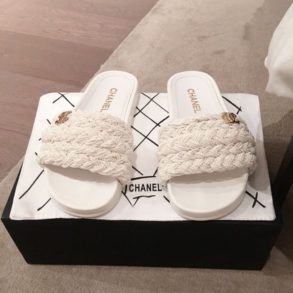 Chanel Pearl Beaded Embellished Sandals Calfskin Leather Spring/Summer Collection White