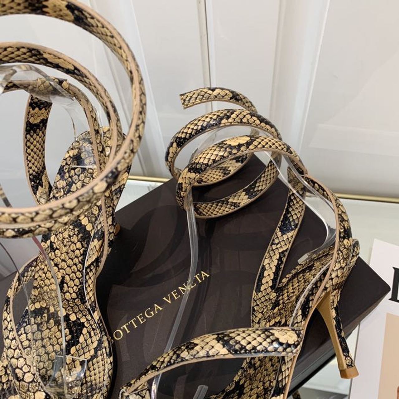 Bottega Veneta Spiral Sandals 80mm Python Print Calfskin Leather Spring/Summer 2020 Collection, Beige