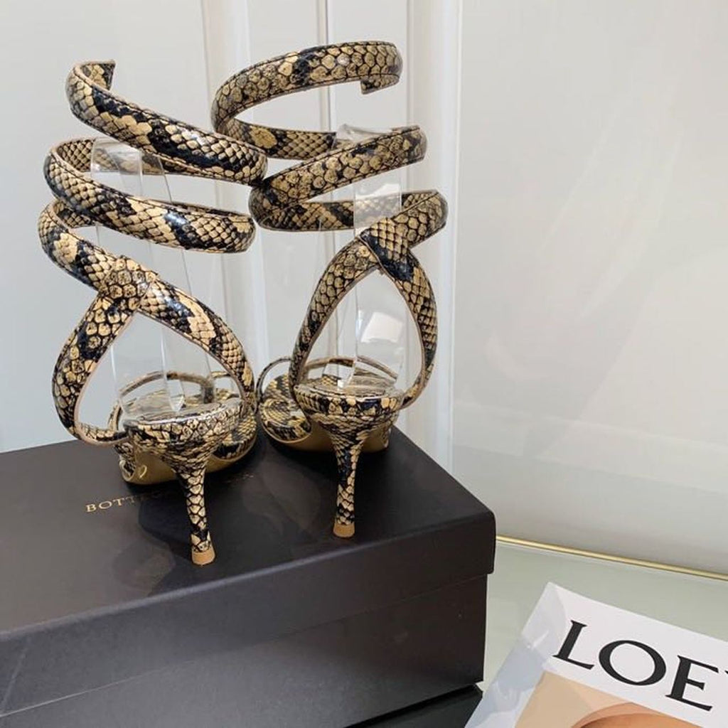 Bottega Veneta Spiral Sandals 80mm Python Print Calfskin Leather Spring/Summer 2020 Collection, Beige