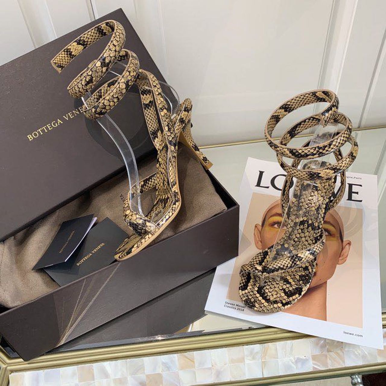 Bottega Veneta Spiral Sandals 80mm Python Print Calfskin Leather Spring/Summer 2020 Collection, Beige