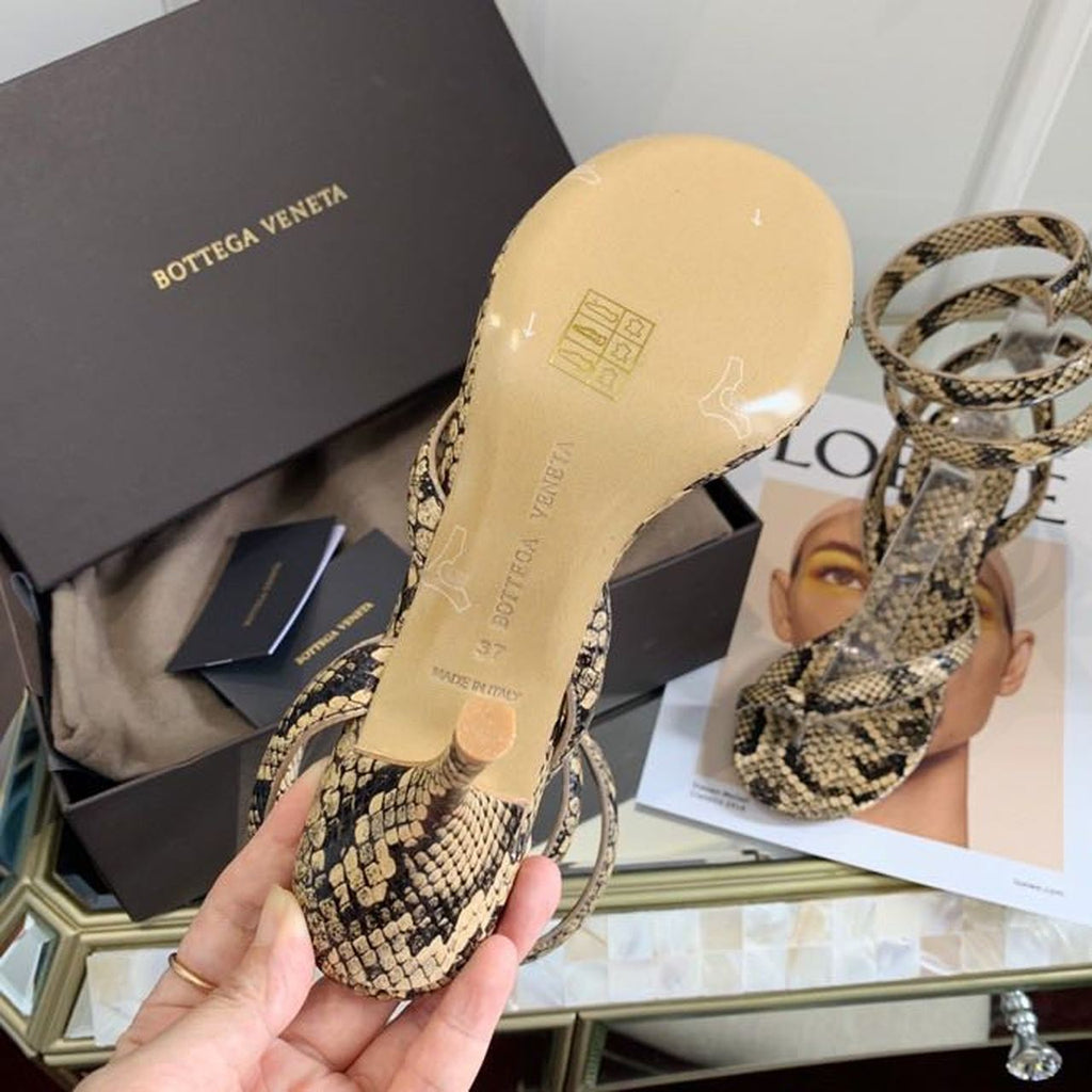 Bottega Veneta Spiral Sandals 80mm Python Print Calfskin Leather Spring/Summer 2020 Collection, Beige