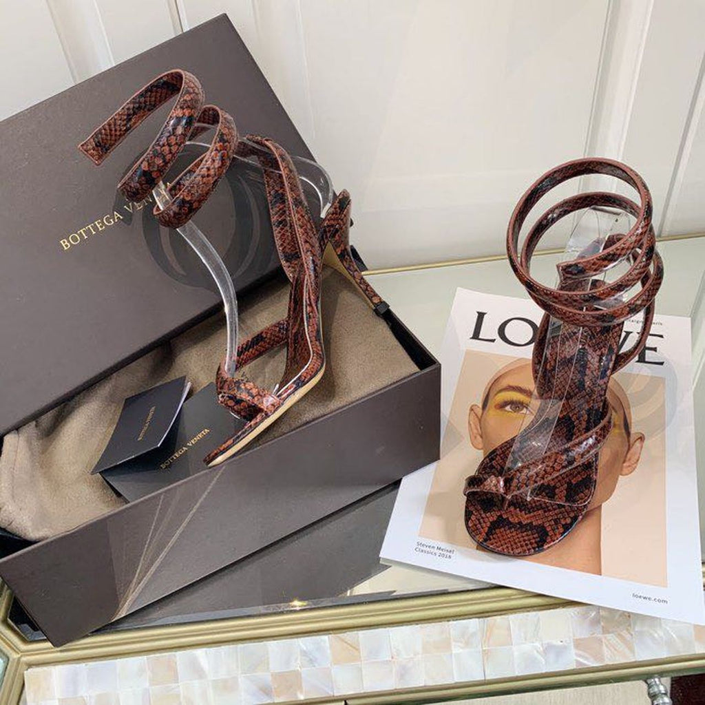 Bottega Veneta Spiral Sandals 80mm Python Print Calfskin Leather Spring/Summer 2020 Collection, Burgundy