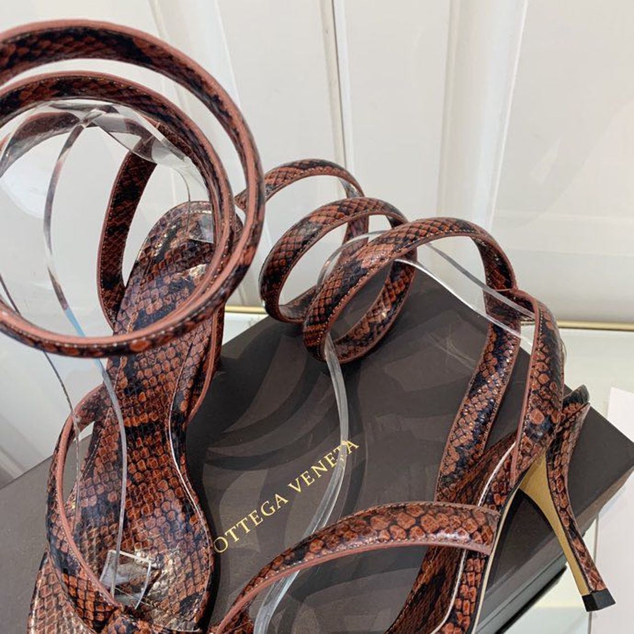 Bottega Veneta Spiral Sandals 80mm Python Print Calfskin Leather Spring/Summer 2020 Collection, Burgundy