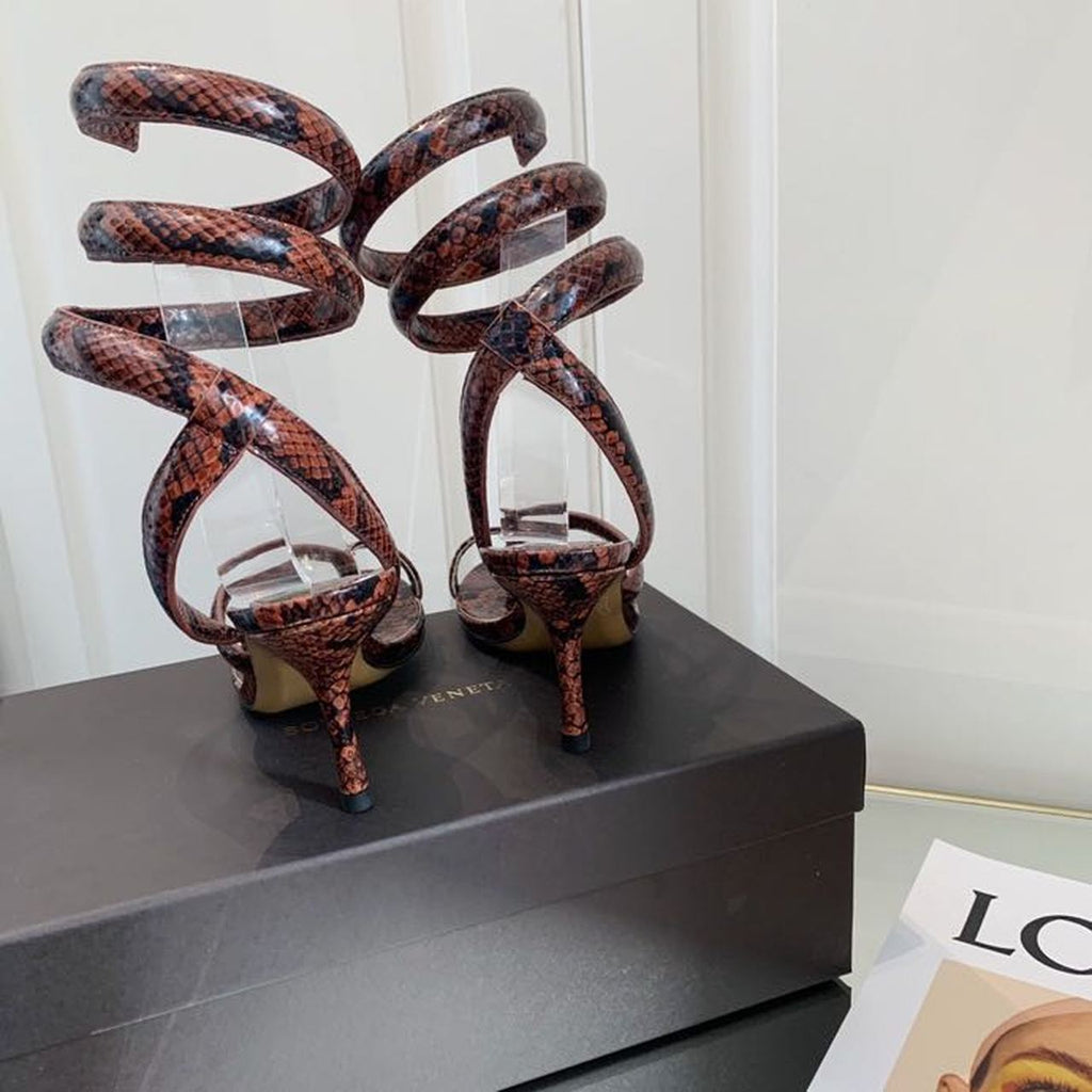 Bottega Veneta Spiral Sandals 80mm Python Print Calfskin Leather Spring/Summer 2020 Collection, Burgundy