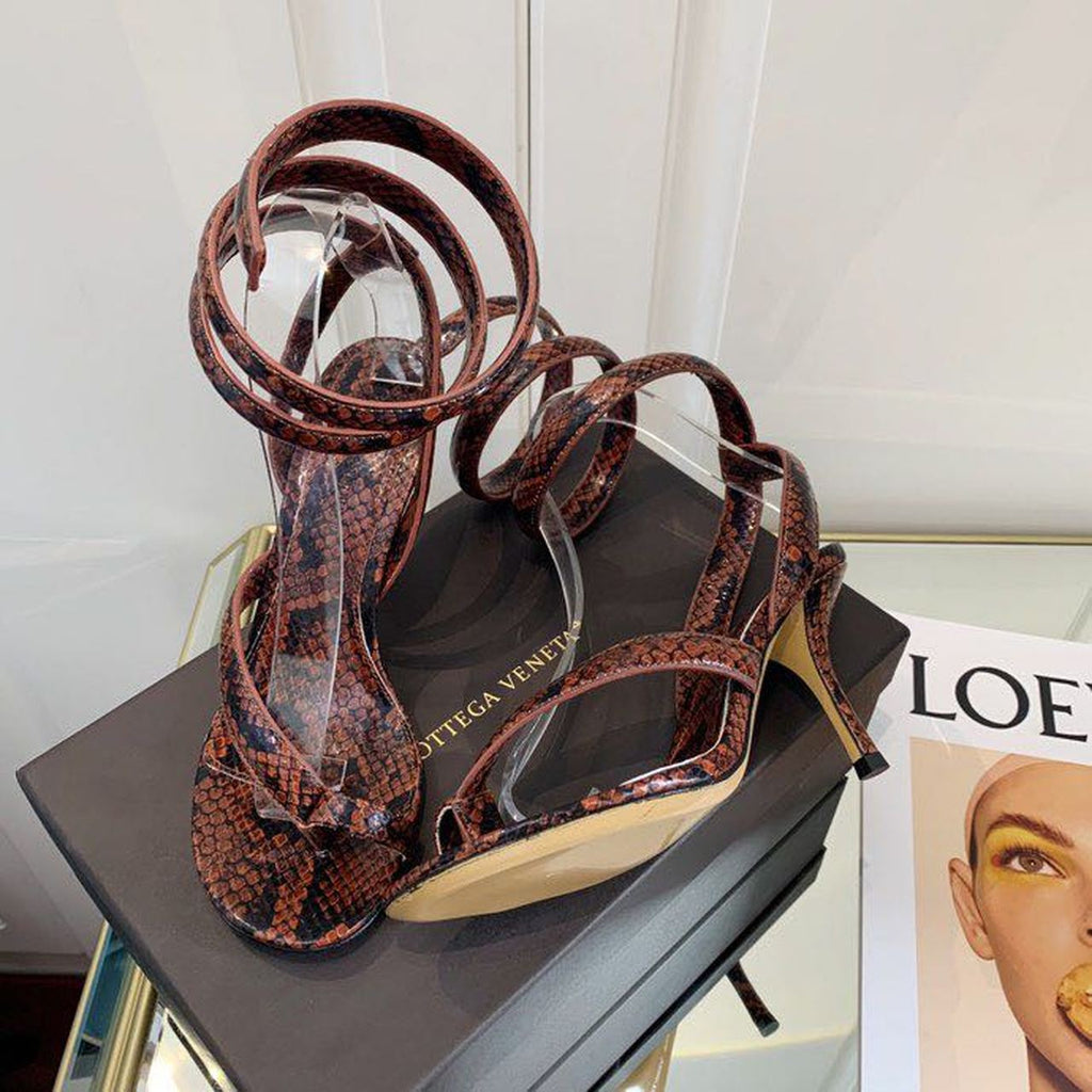 Bottega Veneta Spiral Sandals 80mm Python Print Calfskin Leather Spring/Summer 2020 Collection, Burgundy