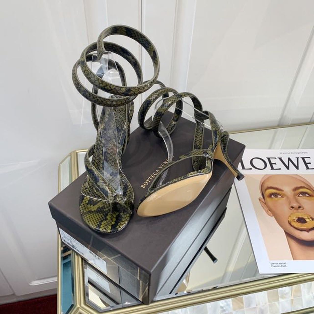 Bottega Veneta Spiral Sandals 80mm Python Print Calfskin Leather Spring/Summer 2020 Collection, Green