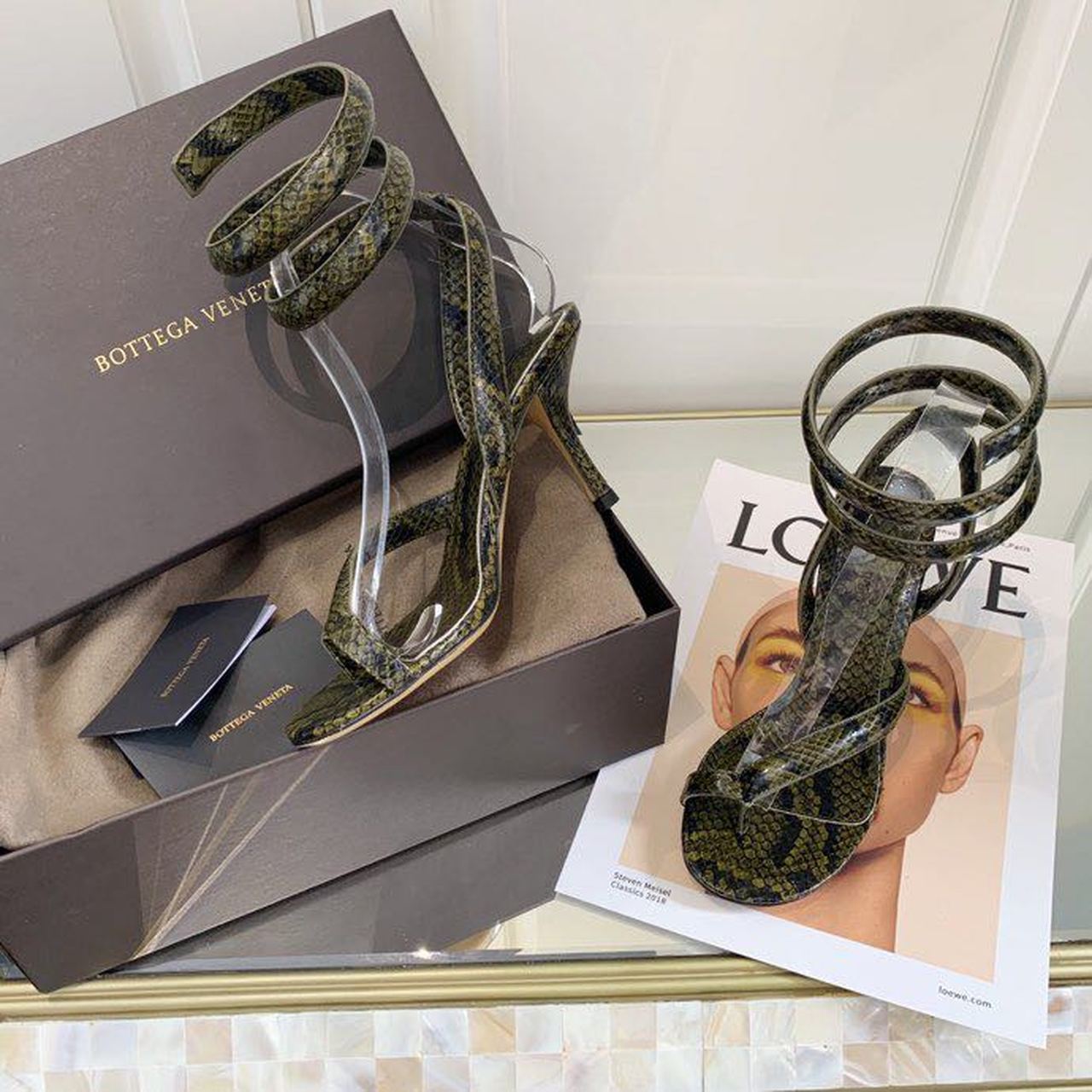 Bottega Veneta Spiral Sandals 80mm Python Print Calfskin Leather Spring/Summer 2020 Collection, Green