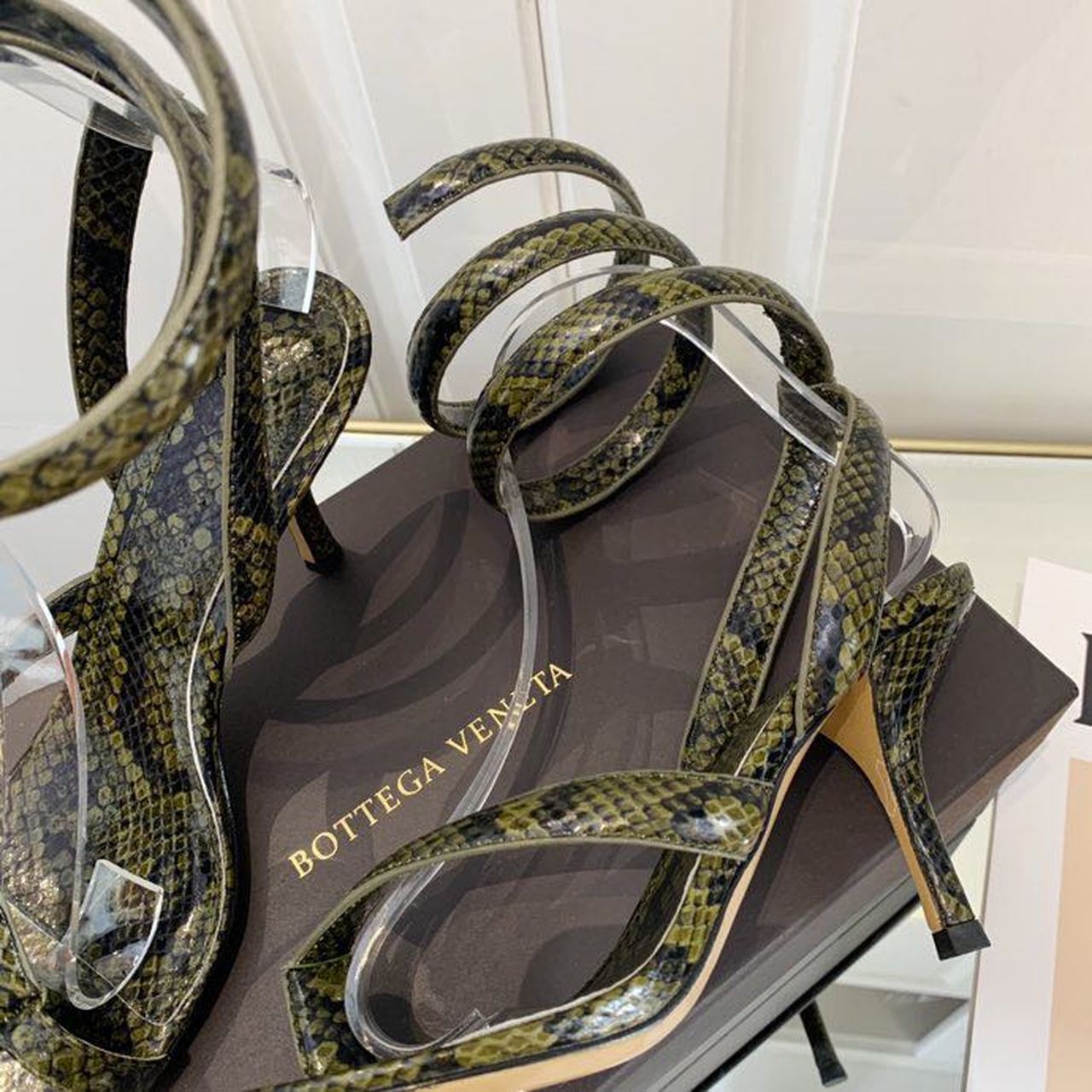 Bottega Veneta Spiral Sandals 80mm Python Print Calfskin Leather Spring/Summer 2020 Collection, Green