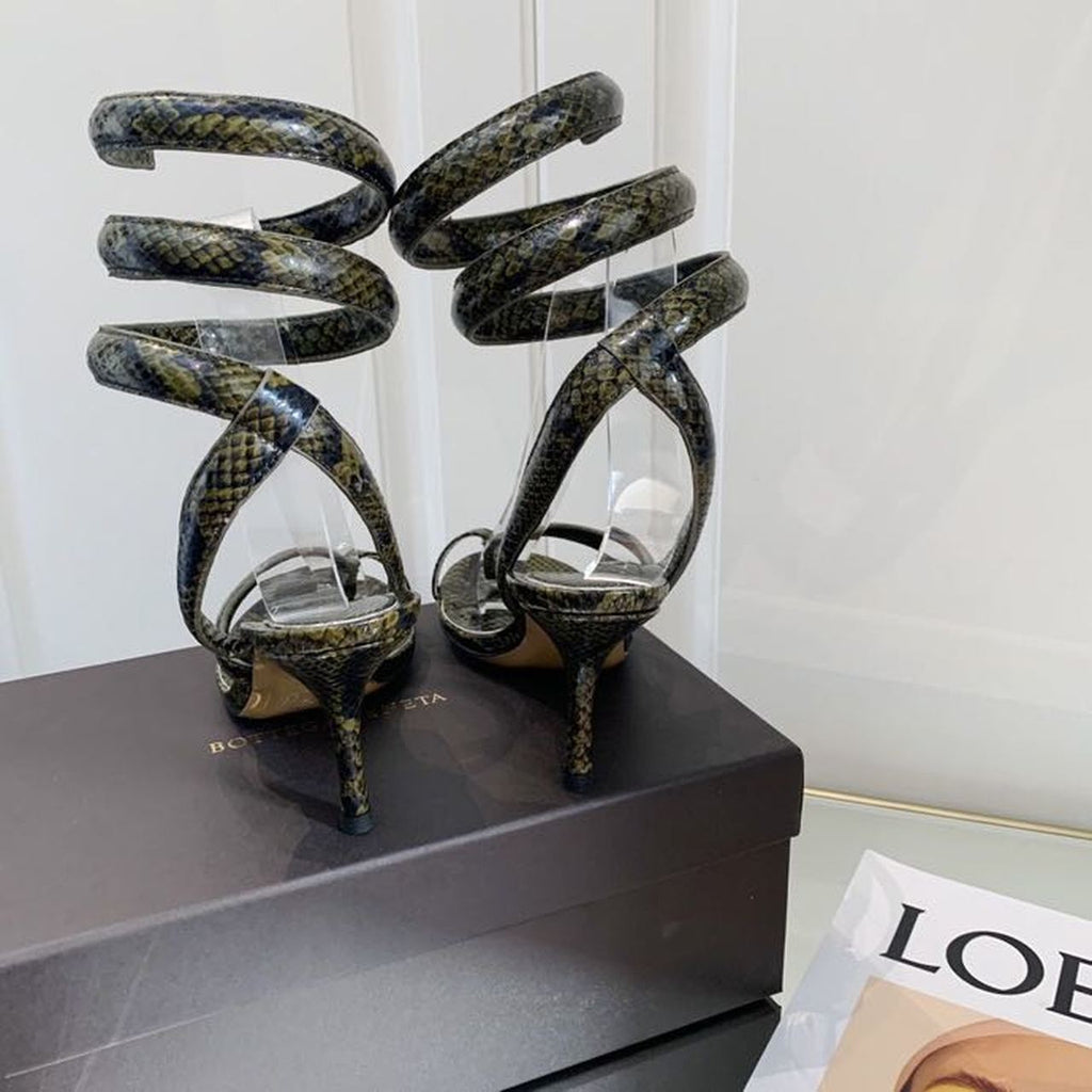 Bottega Veneta Spiral Sandals 80mm Python Print Calfskin Leather Spring/Summer 2020 Collection, Green