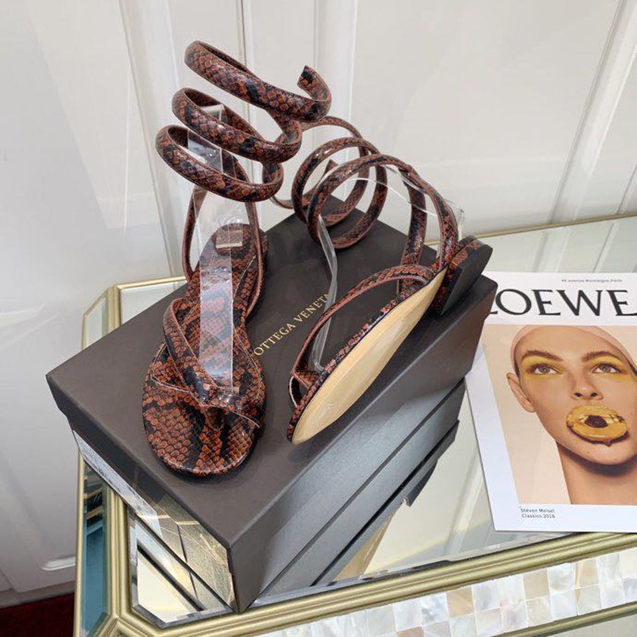 Bottega Veneta Flat Sandals Python Print Calfskin Leather Spring/Summer 2020 Collection, Burgundy