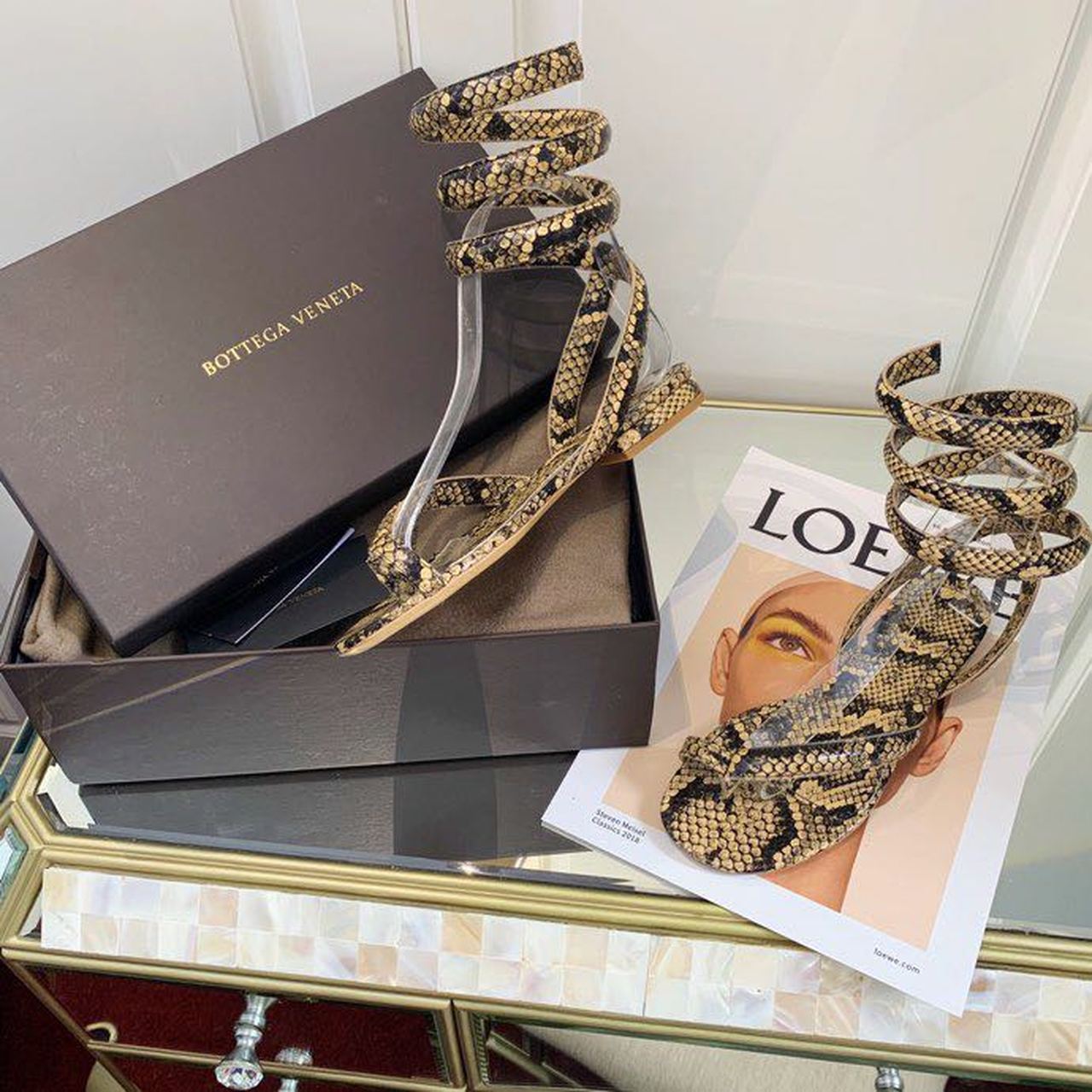 Bottega Veneta Flat Sandals Python Print Calfskin Leather Spring/Summer 2020 Collection, Beige