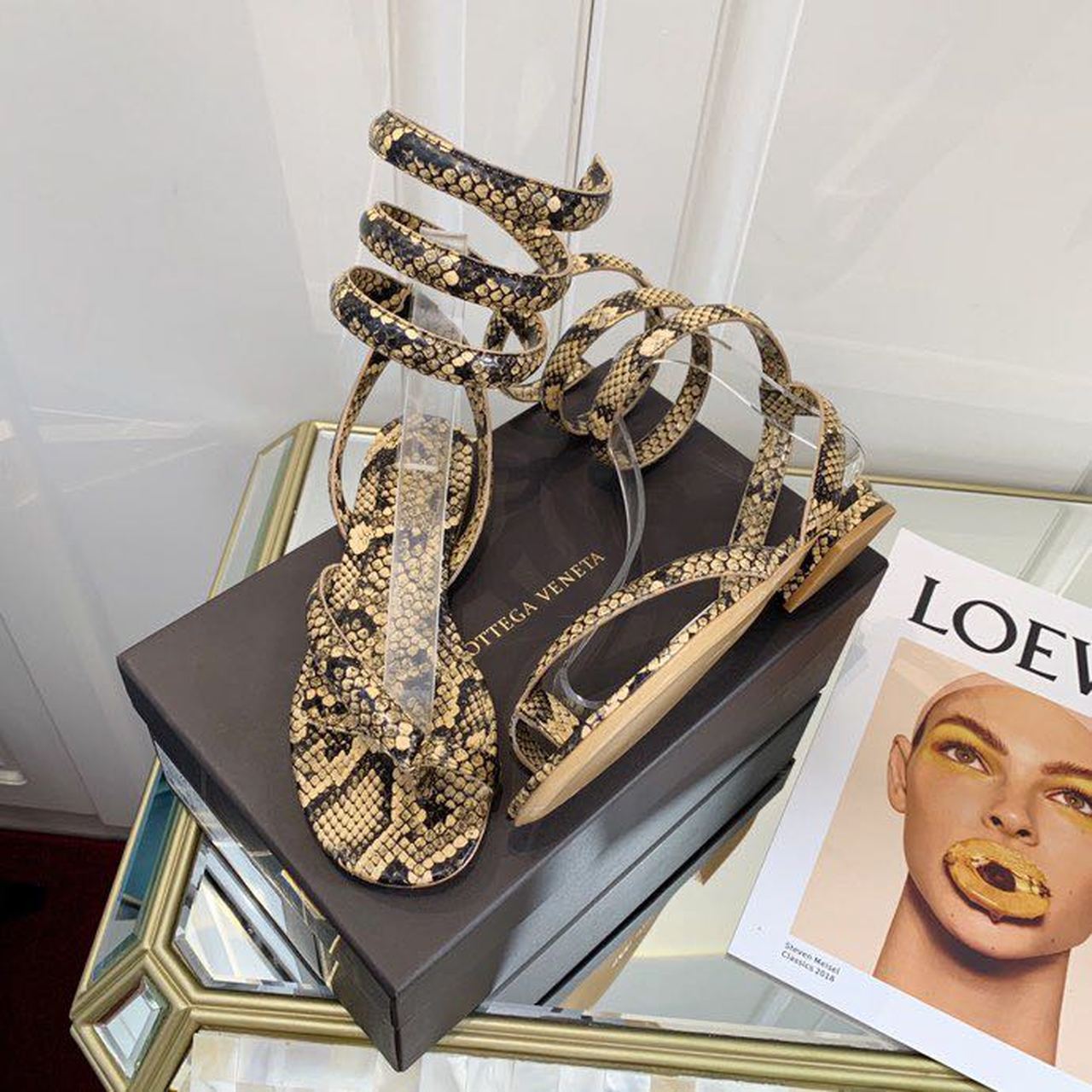 Bottega Veneta Flat Sandals Python Print Calfskin Leather Spring/Summer 2020 Collection, Beige