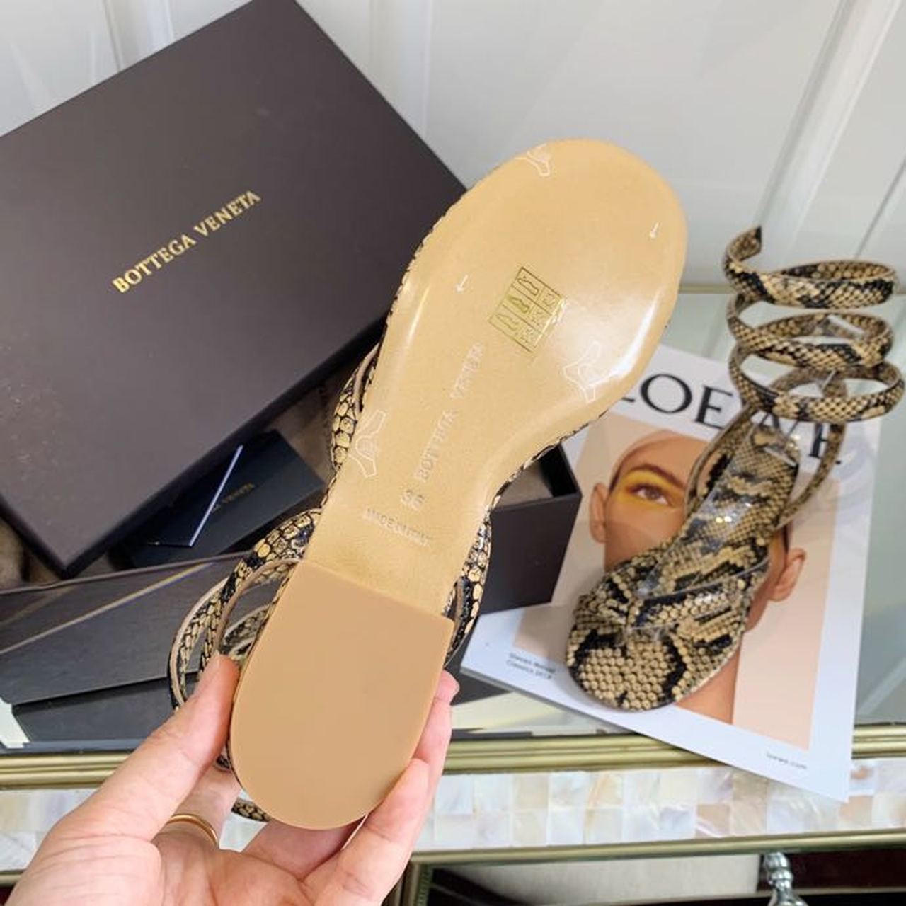Bottega Veneta Flat Sandals Python Print Calfskin Leather Spring/Summer 2020 Collection, Beige