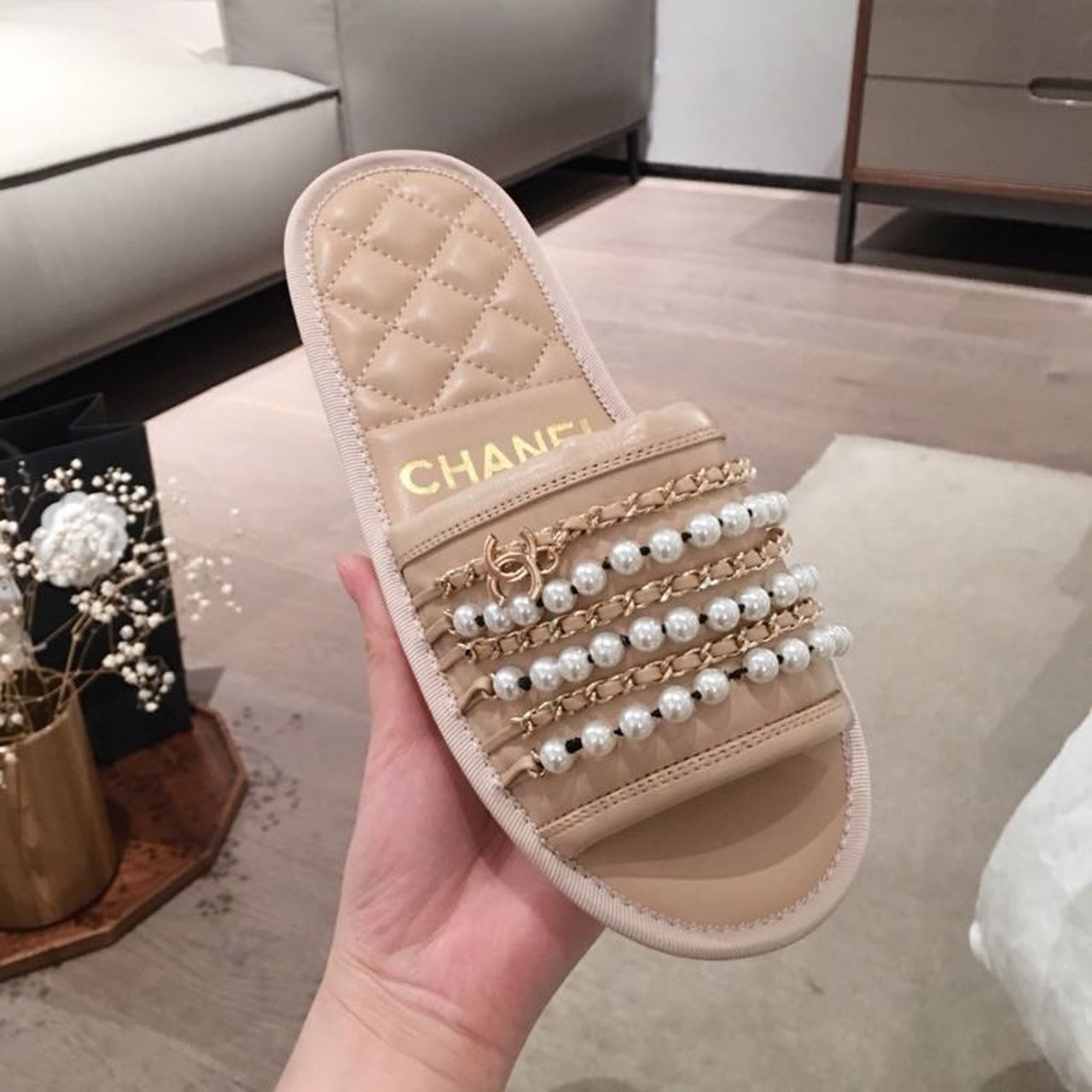 Chanel Pearl Embellished Quilted Slippers PVC/Lambskin Leather Spring/Summer Collection, Beige