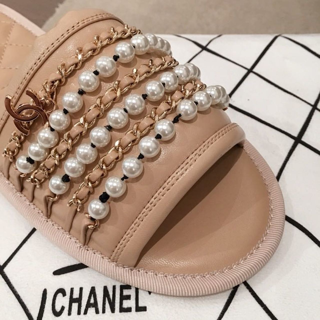 Chanel Pearl Embellished Quilted Slippers PVC/Lambskin Leather Spring/Summer Collection, Beige
