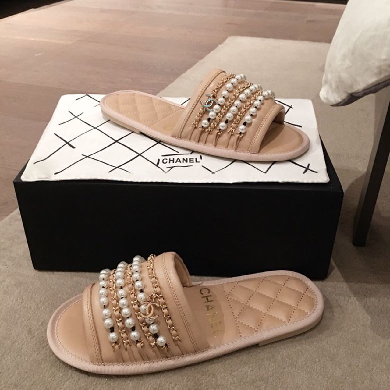 Chanel Pearl Embellished Quilted Slippers PVC/Lambskin Leather Spring/Summer Collection, Beige