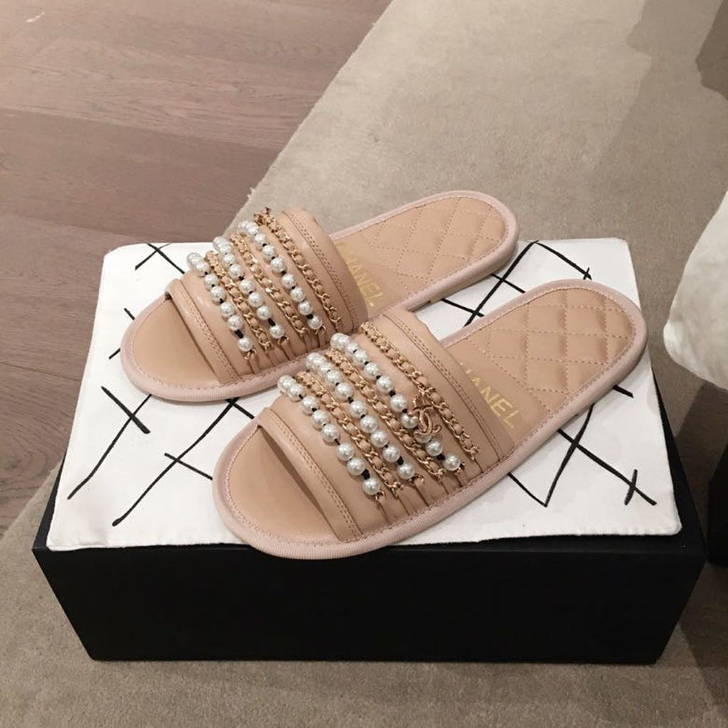 Chanel Pearl Embellished Quilted Slippers PVC/Lambskin Leather Spring/Summer Collection, Beige
